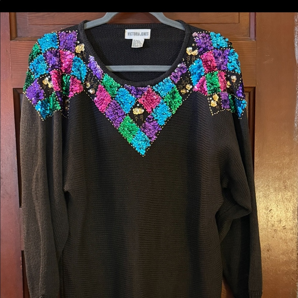 Victoria Jones Tunic Sweater Black Cotton With Sequins 1990s